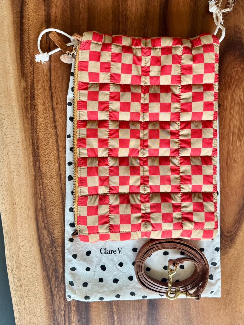 Clare V. Quilted Checkerboard Crossbody Clutch in Red & Tan